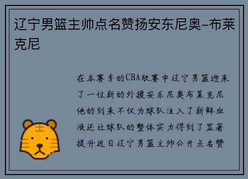 辽宁男篮主帅点名赞扬安东尼奥-布莱克尼