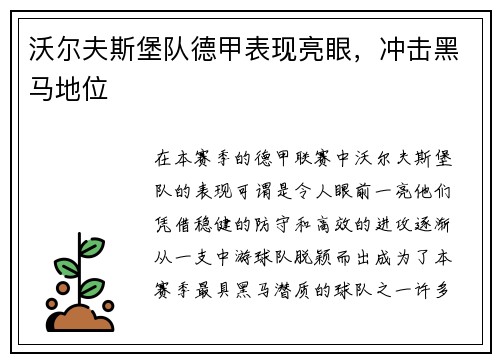 沃尔夫斯堡队德甲表现亮眼，冲击黑马地位